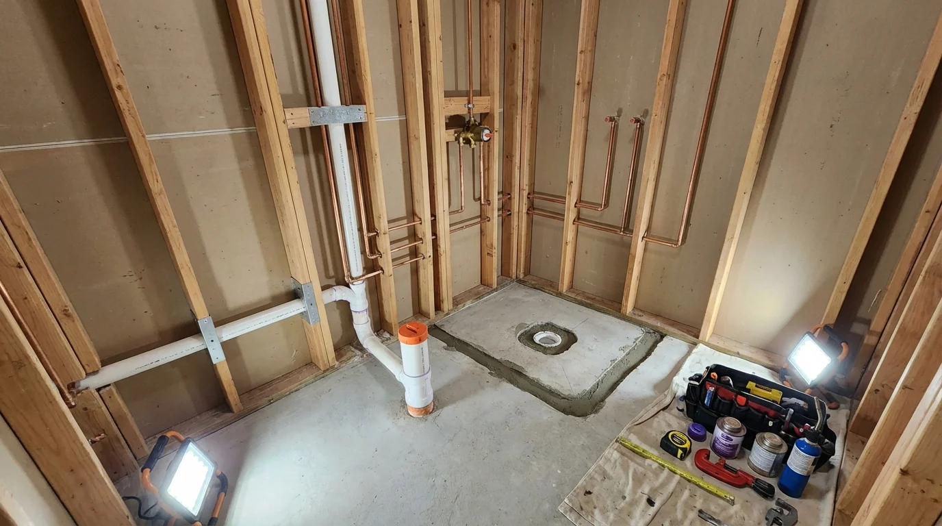 Bathroom rough-in plumbing during remodel by Johns Plumbing LLC in Bellwood