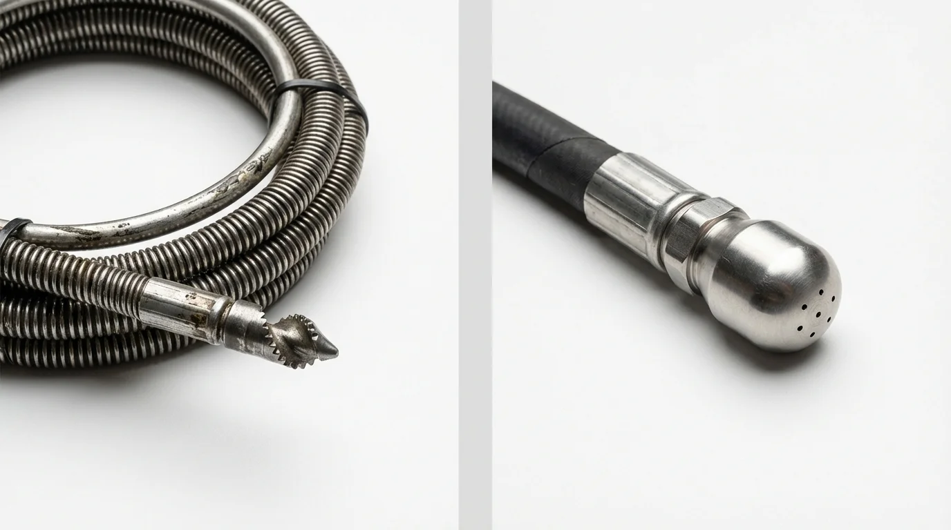 Drain snake cable and hydro jetting nozzle used for drain cleaning in Bellwood, IL