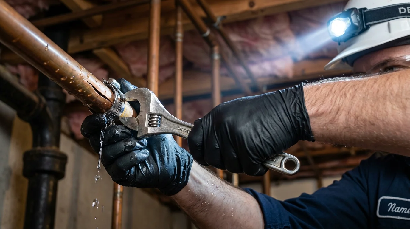 Emergency pipe clamp repair being performed by a Johns Plumbing LLC plumber in Bellwood
