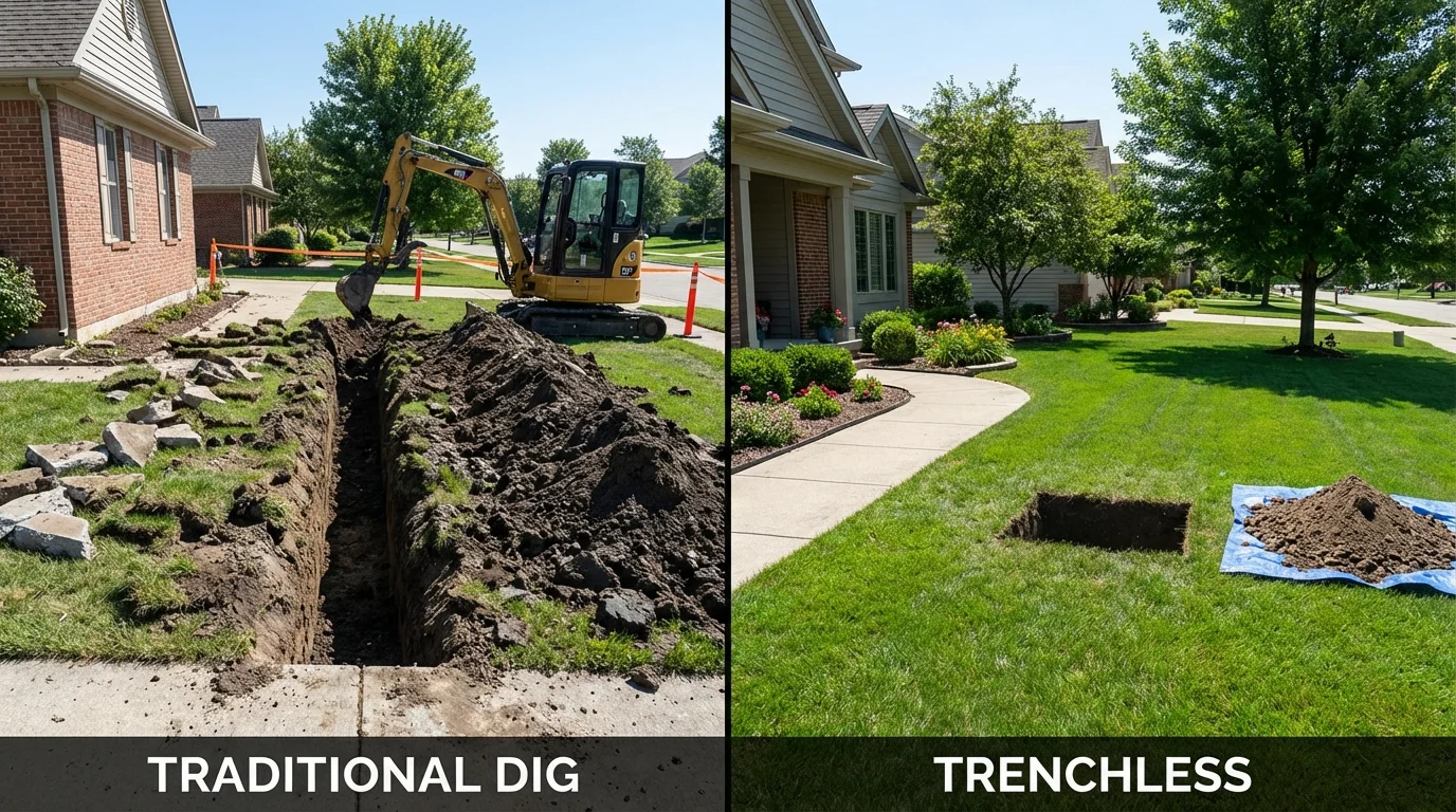 Trenchless sewer repair with minimal yard damage versus traditional excavation in Bellwood, IL